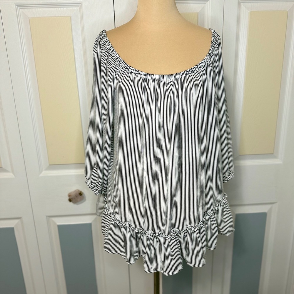 Lila Rose Striped Off Shoulder Ruffle Hem Blouse Black White Large